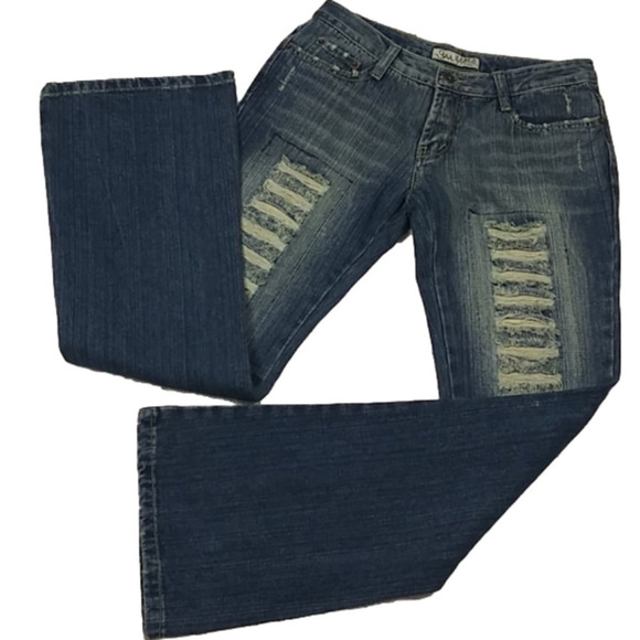 Sama Jean Blue Whiskering Medium Wash Mid Rise Distressed Wide Leg Denim Jean - Picture 16 of 16